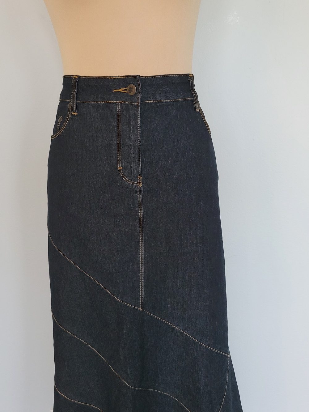 Vintage Bisou Bisou Y2K Dark Blue Denim Jeans Mermaid Trumpet Maxi Skirt Size 14 - Picture 4 of 15